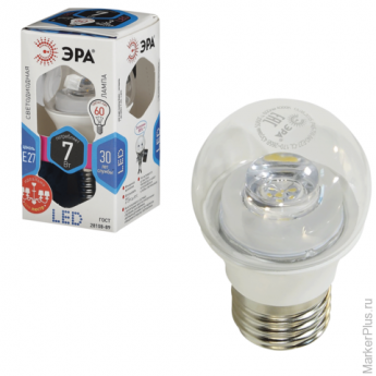 Лампа светодиодная ЭРА, 7 (60) Вт, цоколь E27, прозрачный шар, холодный белый свет, 30000 ч., LED sm