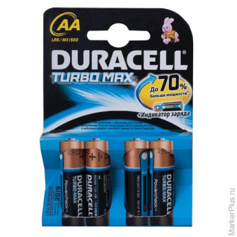 Батарейки DURACELL Turbo AA LR6, комплект 4 шт., в блистере, 1.5 В (самые мощные щелочные батарейки)