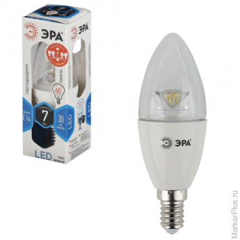 Лампа светодиодная ЭРА, 7 (60) Вт, цоколь E14, "прозрачная свеча", холодный белый свет, 30000 ч., LE