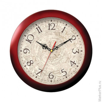 Часы настенные TROYKA 11131149, круг, бежевые с рисунком, коричневая рамка, 29х29х3,5 см