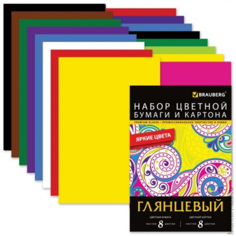 Цветная бумага и цветной картон, А4, мелованные, 8+8 листов, 8+8 цветов, BRAUBERG, 200х290 мм, 124805