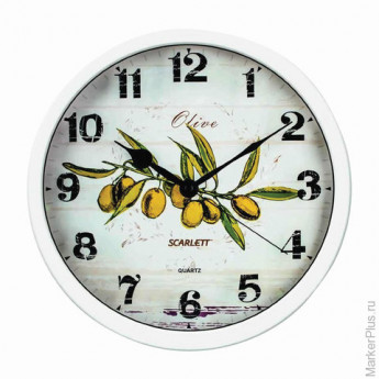 Часы настенные SCARLETT SC-WC1005K, круг, белые с рисунком "Олива", белая рамка, 31x31x5,2 см, SC - 
