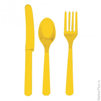 Многоразовые приборы (ножи, вилки, ложки), набор 24 шт., пластик, желтый цвет, 1502-1084