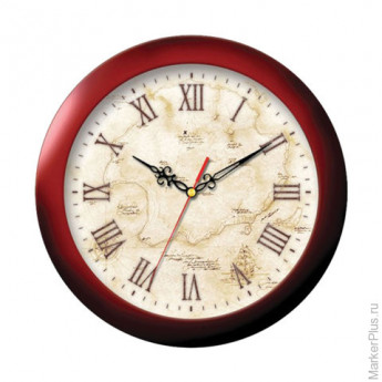 Часы настенные TROYKA 11131150, круг, бежевые с рисунком 'Карта', коричневая рамка, 29х29х3,5 см