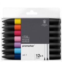 Набор художественных маркеров двухсторонних Winsor&Newton "Pro", пулевидный/скошенный, 2мм/7мм, 12 цветов + 1 блендер