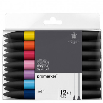 Набор художественных маркеров двухсторонних Winsor&Newton 'Pro', пулевидный/скошенный, 2мм/7мм, 12 цветов + 1 блендер