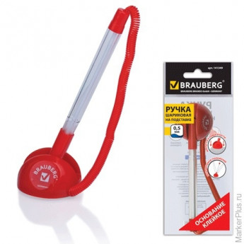 Ручка шариковая настольная BRAUBERG 'СТЕНД-ПЕН', на пружинке, с клейким основанием, цвет корпуса красный, синяя, 141349