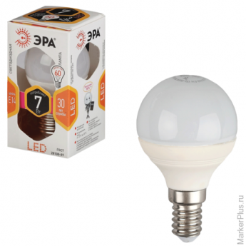 Лампа светодиодная ЭРА, 7 (60) Вт, цоколь E14, прозрачный шар, теплый белый свет, 30000 ч., LED smdP