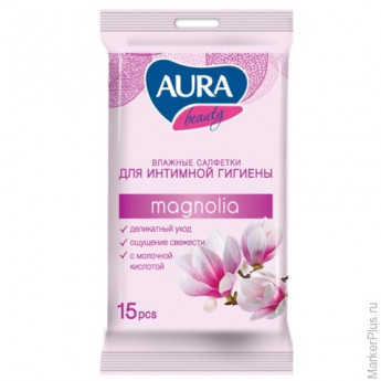 Салфетки влажные, 15 шт., AURA "Beauty", для интимной гигиены, деликатный уход, очищающие-освежающие, 6037, 5983