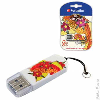 Флэш-диск 8 GB, VERBATIM Mini Tattoo Edition KOI FISH, USB 2.0, белый с рисунком, 49882