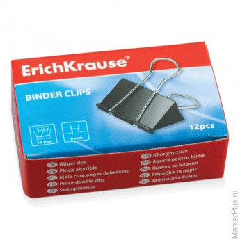 Зажимы для бумаг ERICH KRAUSE, комплект 12 шт., 19 мм, на 60 л., черные, в картонной коробке, 25086