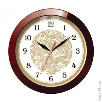 Часы настенные TROYKA 11131190, круг, бежевые с рисунком "Золотой дракон", коричневая рамка, 29х29х3