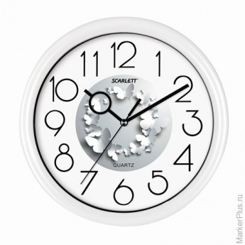 Часы настенные SCARLETT SC-WC1013O, круг, серебристые с принтом "Бабочки", белая рамка, 25,5x25,5x5,