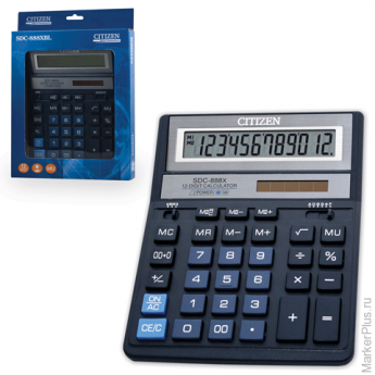 Калькулятор CITIZEN настольный SDC-888XBL, 12 разрядов, двойное питание, 203х158 мм, синий