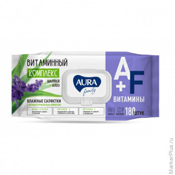 Салфетки влажные AURA FAMILY с антибактериальным эффектом с крышкой 180шт, комплект 180 шт