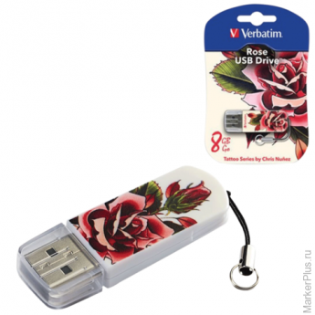 Флэш-диск 8 GB, VERBATIM Mini Tattoo Edition Rose, USB 2.0, белый с рисунком, 49881
