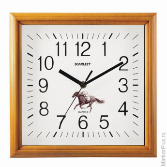 Часы настенные SCARLETT SC-WC1015O, квадрат, белые с рисунком "Лошадь", рамка под дерево, 28,3x29,1x