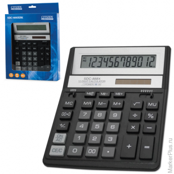 Калькулятор CITIZEN настольный SDC-888ХBK, 12 разрядов, двойное питание, 203х158 мм, черный