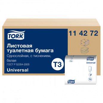 Бумага туалетная листовая Tork 'Universal' (T3), 1-слойная, 250лист./пачка, белая, 40 шт/в уп