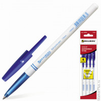 Ручки шариковые BRAUBERG, набор 4 шт., офисная, корпус белый, толщина письма 1 мм, европодвес, синие, 140934