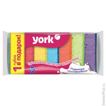 Губки бытовые MAXI, 3х10х7 см, КОМПЛЕКТ 6+1 шт., поролон/абразив, для посуды/уборки, COLOR, YORK, 30180