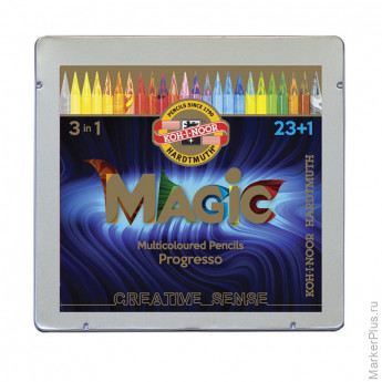 Карандаши с многоцветным грифелем цельнографитные Koh-I-Noor "Progresso Magic 8774", 23шт.+ карандаш-блендер., заточен., в лаке, металл. коробка