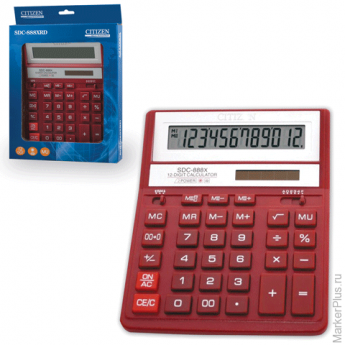 Калькулятор CITIZEN настольный SDC-888ХRD, 12 разрядов, двойное питание, 203х158 мм, красный