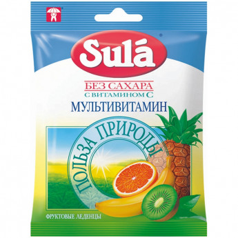 Леденцы фруктовые Sula "Мультивитамин", с витамином С, 60г, пакет, европодвес 20 шт/в уп