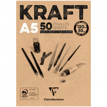 Блокнот для эскизов и зарисовок 50л. А5 на склейке Clairefontaine 'Kraft', 120г/м2, верже, крафт