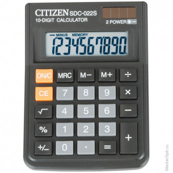 Калькулятор настольный Citizen SDC-022S, 10 разр., двойное питание, 87*120*22мм, черный