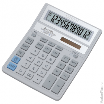 Калькулятор CITIZEN настольный SDC-888 XWH, 12 разрядов, двойное питание, 203х158 мм, белый