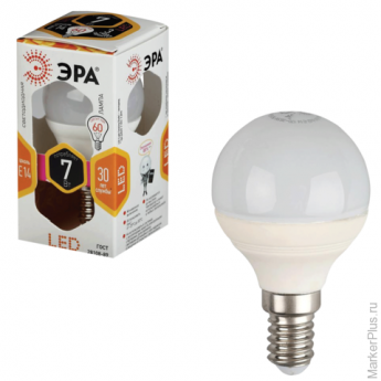 Лампа светодиодная ЭРА, 7 (60) Вт, цоколь E14, шар, теплый белый свет, 30000 ч., LED smdP45-7w-827-E