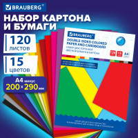 Набор цветного картона и бумаги А4 ТОНИРОВАННЫХ В МАССЕ, 60+60 л., 15 цв., BRAUBERG, 'Творчество', 115088