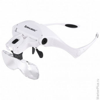 Лупа налобная с LED-ПОДСВЕТКОЙ, 5 сменных линз 95х33 мм, увеличение 1,0 - 3,5, BRAUBERG, 455929