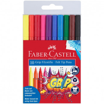 Фломастеры Faber-Castell 'Grip', 10цв., трехгранные, смываемые, пластик.уп., европодвес, 2 шт/в уп