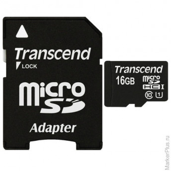 Карта памяти micro SDHC, 16 GB, TRANSCEND UHS-I, скорость передачи данных 45 Мб/сек (class 10), с ад