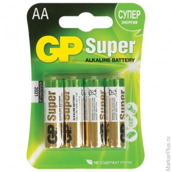 Батарейки GP (Джи-Пи) Alkaline AA (LR06, 15А), комплект 4 шт., в блистере, 1.5 В, комплект 4 шт