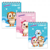 Блокнот МАЛЫЙ ФОРМАТ А6 108х146 мм, 60 л., гребень, картон, клетка, ЮНЛАНДИЯ, "Пингвинята", 129832, ассорти