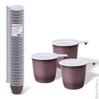 Одноразовые чашки ЛАЙМА Бюджет, комплект 50 шт., пластиковые, для чая и кофе, 0,2 л, бело-коричневые, ПП, 600940