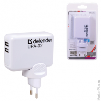 Зарядное устройство сетевое (220В) DEFENDER UPA-02, 2 порта USB, вых.ток. 1А/2А, бел.,блист 83520