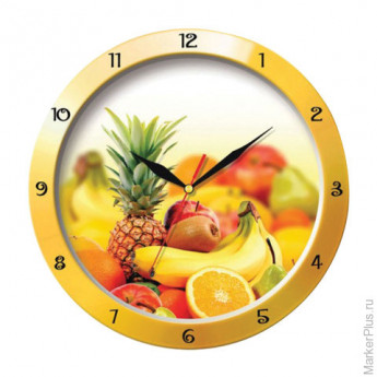 Часы настенные TROYKA 11150157, круг, белые с рисунком "Фрукты", желтая рамка, 29х29х3,5 см