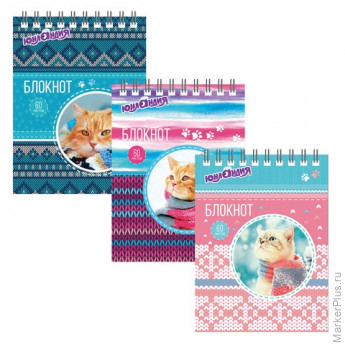 Блокнот МАЛЫЙ ФОРМАТ А6 108х146 мм, 60 л., гребень, картон, клетка, ЮНЛАНДИЯ, "Котики", 129831, ассорти