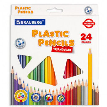 Карандаши цветные пластиковые BRAUBERG PREMIUM, 24 цвета, трехгранные, грифель мягкий 3 мм, 181663