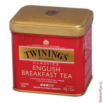 Чай TWININGS (Твайнингс) "English Breakfast", черный, железная банка, 100 г, F09010