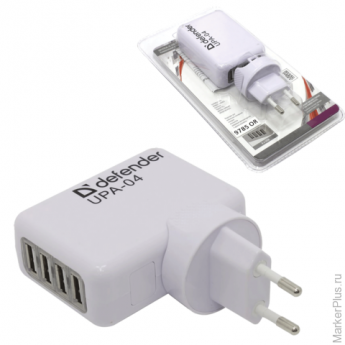 Зарядное устройство сетевое (220В) DEFENDER UPA-04, 4 порта USB, вых.ток. 2А, бел., блистер 83521