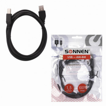 Кабель USB2.0 AM-BM, 1,5м, SONNEN Economy, медь, для подключения периферии, черный, 513118