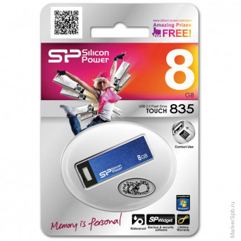 Память SiliconPower "Touch 835" 8GB, USB2.0 Flash Drive, синий
