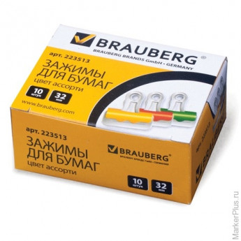 Зажимы-бульдоги для бумаг BRAUBERG, КОМПЛЕКТ 10 шт., 32 мм, на 80 листов, картонная коробка, 223513, комплект 10 шт