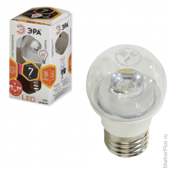 Лампа светодиодная ЭРА, 7 (60) Вт, цоколь E27, прозрачный шар, теплый белый свет, 30000 ч., LED smdP