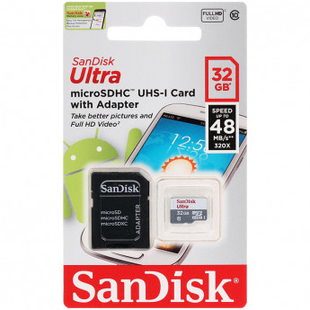 Карта памяти SanDisk MicroSDHC Ultra 32GB, Class 10, скорость чтения 48Мб/сек (с адаптером SD)
